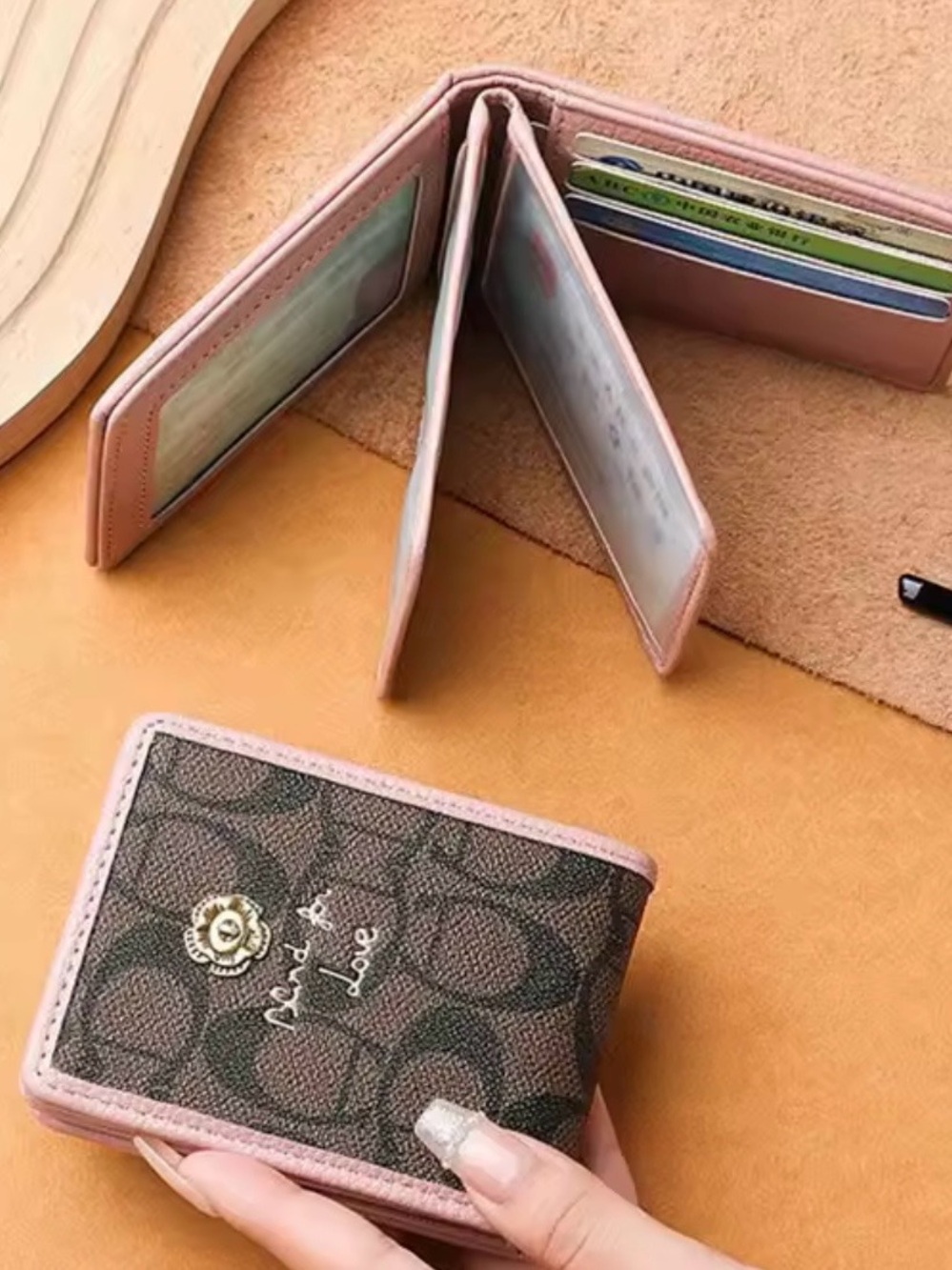 Macy's Floral Accent Signature Print Bifold Wallet - Pink and Brown